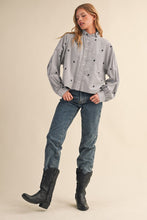Black Stripe Embroidered Mock Neck Striped Button Up Top