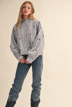 Black Stripe Embroidered Mock Neck Striped Button Up Top