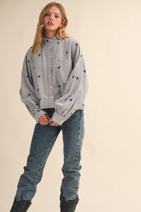 Black Stripe Embroidered Mock Neck Striped Button Up Top