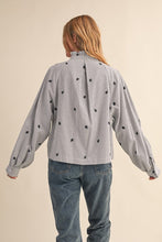 Black Stripe Embroidered Mock Neck Striped Button Up Top