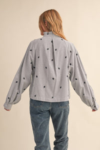 Black Stripe Embroidered Mock Neck Striped Button Up Top