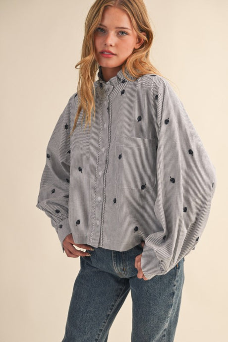 Black Stripe Embroidered Mock Neck Striped Button Up Top