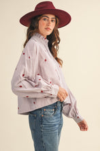 Amber Stripe Embroidered Mock Neck Striped Button Up Top
