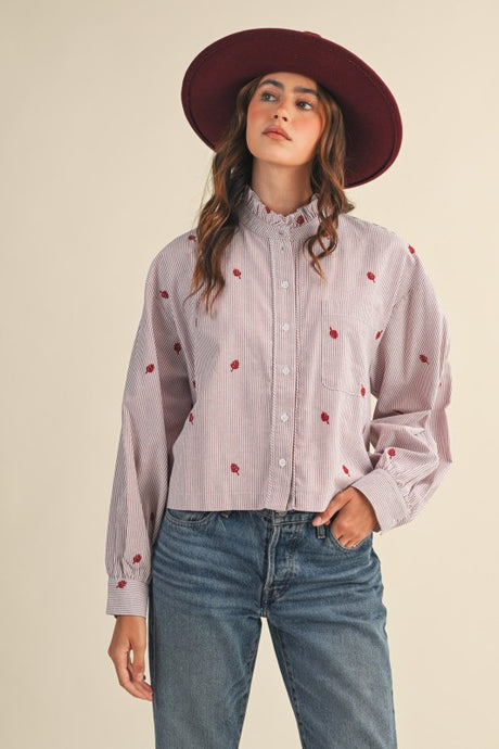 Amber Stripe Embroidered Mock Neck Striped Button Up Top