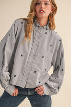 Black Stripe Embroidered Mock Neck Striped Button Up Top