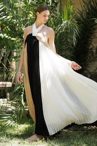 Ivory/Taupe/Black Three-tone Pleated Backless Maxi Dress