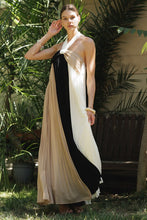 Ivory/Taupe/Black Three-tone Pleated Backless Maxi Dress