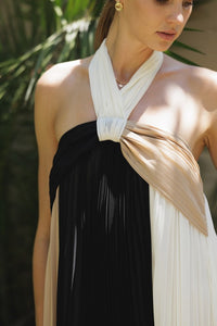 Ivory/Taupe/Black Three-tone Pleated Backless Maxi Dress