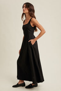 Black Cotton A-line Midi Dress