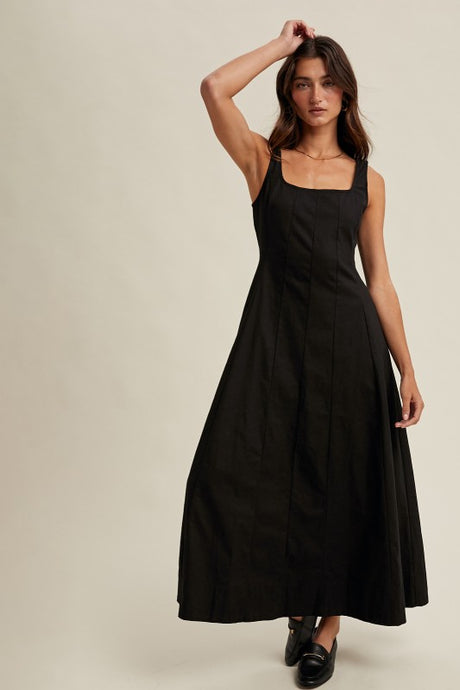 Black Cotton A-line Midi Dress