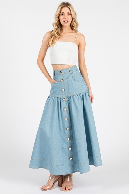 Light Denim Women Woven Solid Denim A-line Maxi Skirts