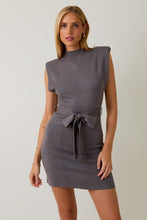H Grey Mock Neck Wide Power Shoulder Sweater Mini Dress