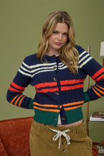 Navy Multicolor Stripe Cable Knit Button Down Cardigan