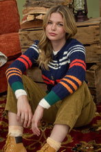 Navy Multicolor Stripe Cable Knit Button Down Cardigan