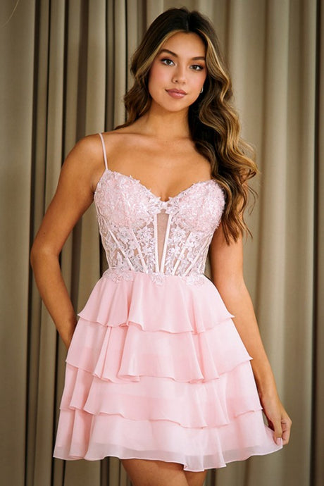 Blush Sleeveless Spaghetti Straps Tiered Chiffon Short Dress