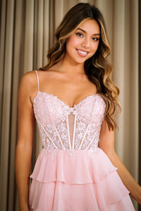 Blush Sleeveless Spaghetti Straps Tiered Chiffon Short Dress