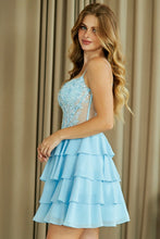Light Blue Sleeveless Spaghetti Straps Tiered Chiffon Short Dress