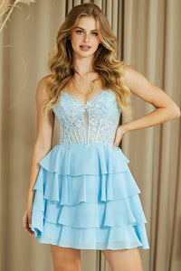 Light Blue Sleeveless Spaghetti Straps Tiered Chiffon Short Dress