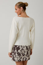 Cream Boat Neck 3/4 Sleeve Pleated Button Down Sweater
