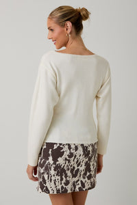 Cream Boat Neck 3/4 Sleeve Pleated Button Down Sweater