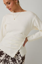 Cream Boat Neck 3/4 Sleeve Pleated Button Down Sweater