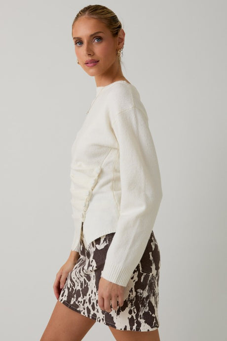 Cream Boat Neck 3/4 Sleeve Pleated Button Down Sweater