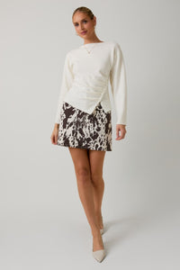 Cream Boat Neck 3/4 Sleeve Pleated Button Down Sweater