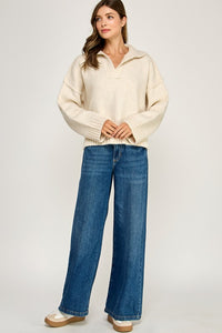 Beige Melange Polo Collar Soft Sweater