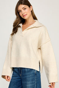 Beige Melange Polo Collar Soft Sweater