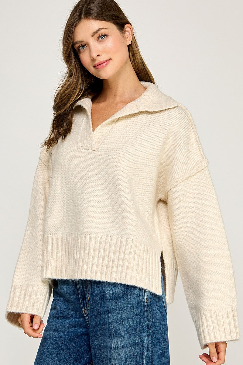 Beige Melange Polo Collar Soft Sweater