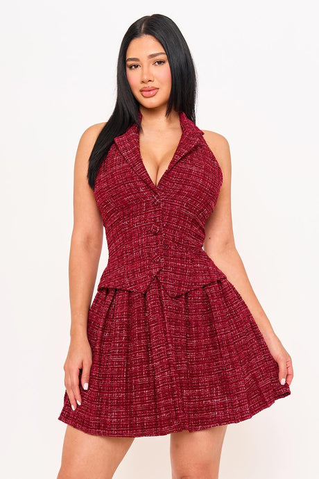 Burgundy Tweed Halter Top With Collar Mini Dress