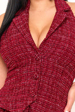 Burgundy Tweed Halter Top With Collar Mini Dress
