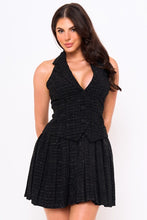 Black Tweed Halter Top With Collar Mini Dress