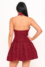 Burgundy Tweed Halter Top With Collar Mini Dress