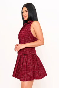 Burgundy Tweed Halter Top With Collar Mini Dress