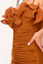 Copper Pleated Ruffle On Power Satin Maxi Dress