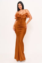 Copper Pleated Ruffle On Power Satin Maxi Dress