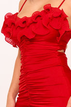 Red Pleated Ruffle On Power Satin Maxi Dress