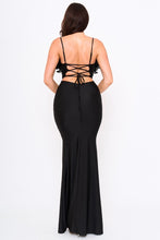Black Pleated Ruffle On Power Satin Maxi Dress