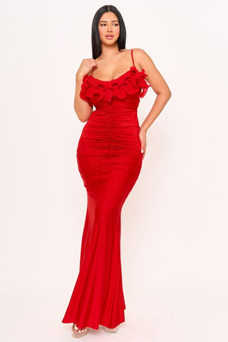 Red Pleated Ruffle On Power Satin Maxi Dress