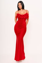 Red Pleated Ruffle On Power Satin Maxi Dress