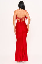 Red Pleated Ruffle On Power Satin Maxi Dress