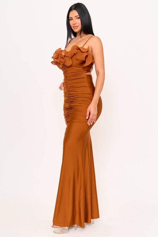 copper satin maxi dress Copper Pleated Ruffle On Power Satin Maxi Dress – Aquarius Brand