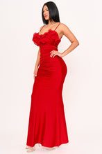 Red Pleated Ruffle On Power Satin Maxi Dress