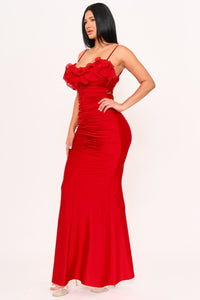 Red Pleated Ruffle On Power Satin Maxi Dress