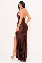 Brown Pleated Halter Neck On Pearl Satin Maxi Dress