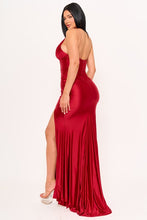 Red Pleated Halter Neck On Pearl Satin Maxi Dress