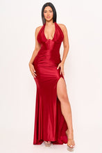 Red Pleated Halter Neck On Pearl Satin Maxi Dress