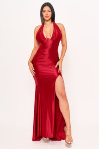 Red Pleated Halter Neck On Pearl Satin Maxi Dress