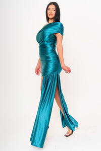 Teal Shirring On Pearl Satin One Shoulder Mini Dress